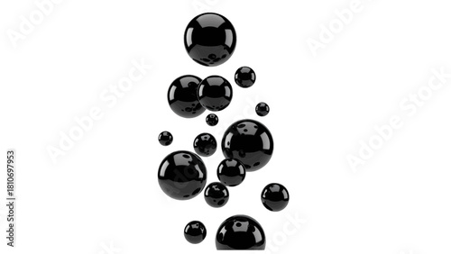 Vector illustration of abstract collection of glossy black spheres or bubbles rising upwards, isolated on transparent background 