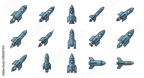 Collection of cartoon rocket ships in various designs and angles.