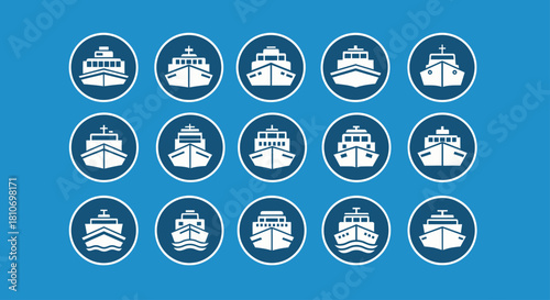 A collection of fifteen white, flat design icons showing the front view of various ships and boats, set in circles on a blue background.