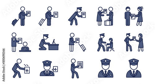 A collection of blue and white icons depicting various airport and travel procedures, including passport control, security checks, and interactions with staff.