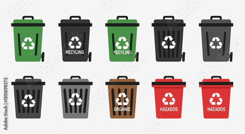 Collection of various colored trash cans with recycling symbols and labels for waste disposal.