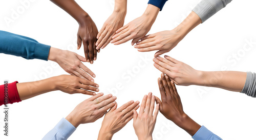 Diverse hands in unity, symbolizing teamwork and collaboration. Reaching out with a strong message of connection and support, isolated on transparent background