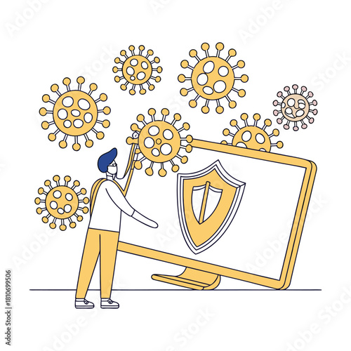 Illustration of a person interacting with a computer screen displaying a shield, surrounded by virus particles, isolated on, representing cybersecurity