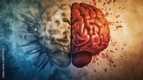 hemisphere. Split human brain illustration contrasting creative and logical sides with warm and cool colors. wellbeing guides, coaching materials, designed for coaching and self-improvement content.