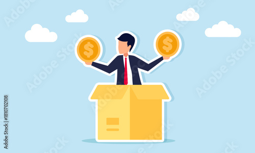 Businessman emerging from a box holding a dollar coin illustration of taking profit from a business project