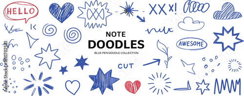 Hand drawn blue pen doodles, sketchy speech bubbles, stars, spirals and scribbles, vector note design elements isolated on white background.