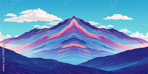 Vibrant rainbow-layered mountain peak glowing under dreamy pastel sky digital illustration