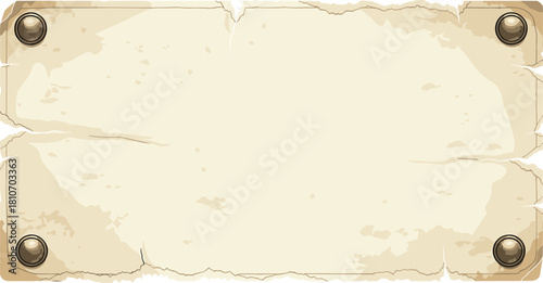 Old vintage paper banner vector with metallic screws, grunge parchment texture background with torn edges for game interface design or text.