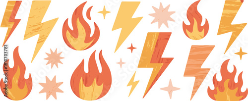 Set of retro textured fire flames and lightning bolt vector illustrations, vintage style thunder flash and burning hot elements for sticker design.