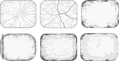 Set of six grunge texture frames, distressed vector borders with rounded corners, vintage ink stamp style backgrounds, cracked and scratched rectangular shapes for design illustrations.