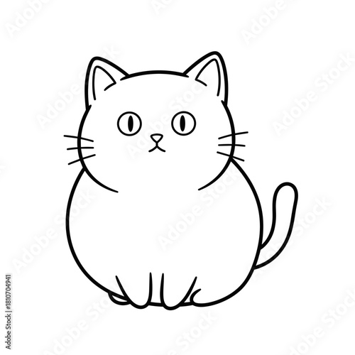 Simple black outline drawing of a cute, chubby cartoon cat sitting with wide eyes.