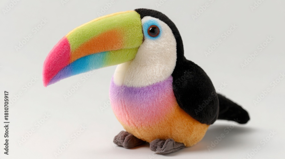 Obraz premium Preschool cute toucan, pastel rainbow beak, round soft body, white background
