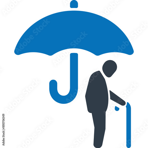 Iconic Silhouette of Elderly Man Under Blue Umbrella Symbolizing Protection and Security on a Transparent Background