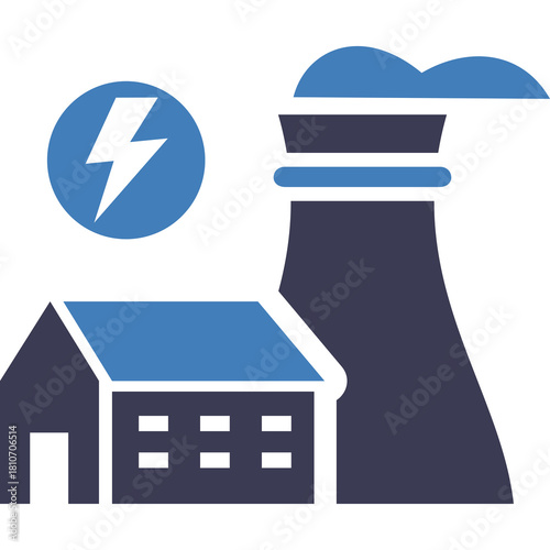 Industrial Power Plant With Cooling Tower And Electrical Symbol On Transparent Background Blue And Dark Blue Colors
