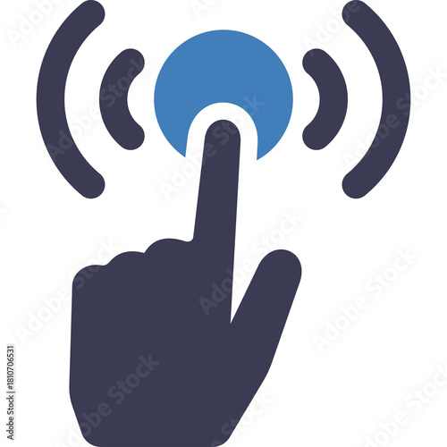 Index Finger Taps Blue Circle Icon with Wireless Signal Waves in Dark Blue and White Transparent Background