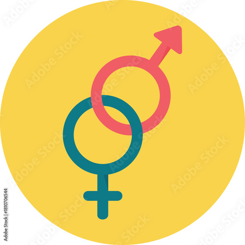 Interlocking Male and Female Symbols Representing Gender and Relationship on a Yellow Circle Background with Clear Outline