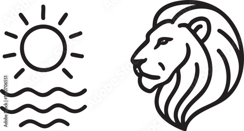 Black and white cartoon illustration of a lion and dog animal vector silhouette logo mascot design