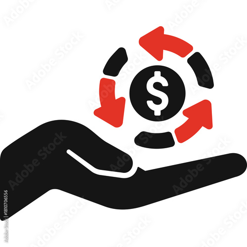 Hand Holding Circular Arrow Icon With Dollar Sign Representing Financial Exchange And Economic Transaction In Red Black And White Colors