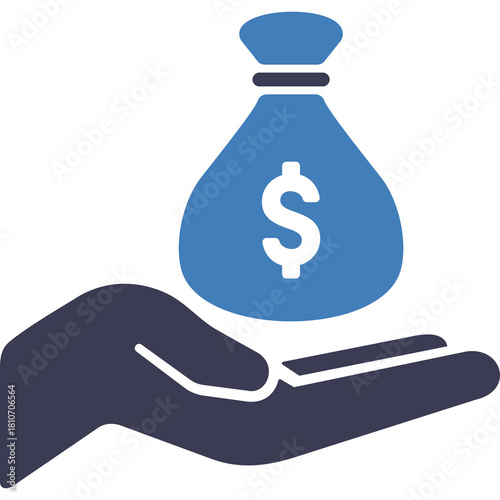 Hand Holding Blue Money Bag With White Dollar Sign Over Dark Blue Transparent Background Vector Graphic Illustration