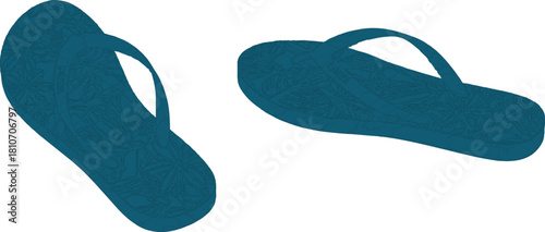 footwear, The image is a product-style shot of two blue flip-flops with a floral design, presented on a clean white background.