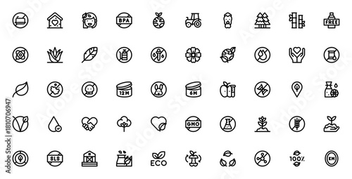 Eco friendly product icon set. Minimal vector icons ack featuring organic, bioegradable, vegan, cruelty ree, gluten free, sustainale, BPA free and more.
