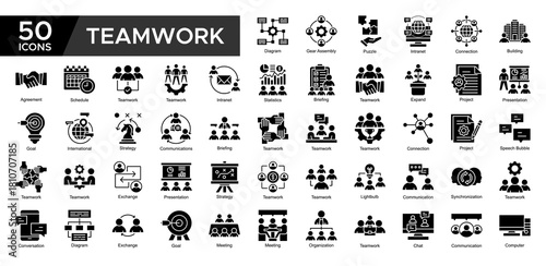 Teamwork collection set. Statistics, Supervised ,Teamwork, Project , Presentation, Strategy , Communications, Diagram, icon. Simple Glyph vector illustrati