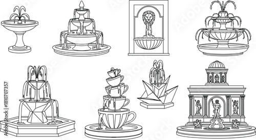Detailed decorative fountain collection line art illustration featuring classic, modern, and creative water feature designs for gardens, architecture, landscaping, and outdoor décor