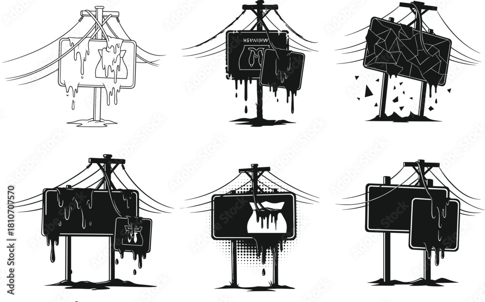 Naklejka premium Collection of distressed melting signboard illustrations with dripping effects, broken signage, grunge style artwork, damaged boards, black and white vector design