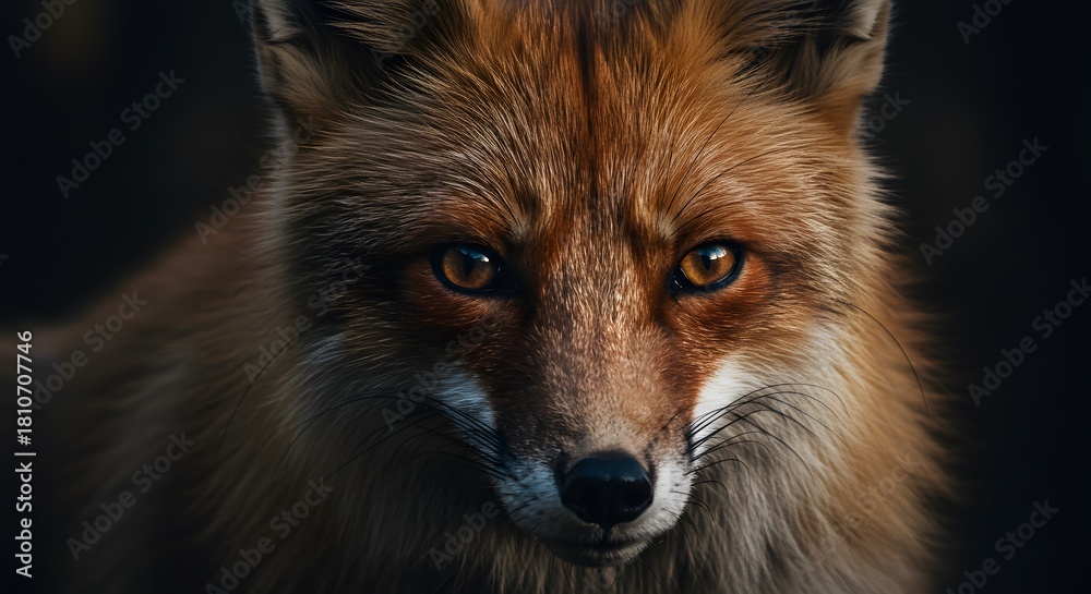 Fototapeta premium Close-up of a Fox with Intense Amber Eyes in Dark Background