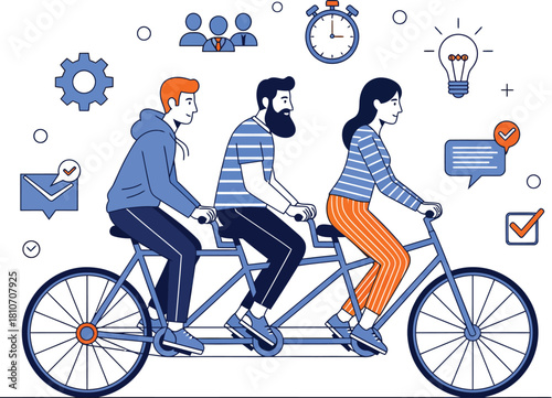 Diverse team of three people pedaling a tandem bicycle together symbolizing collaboration and shared goals