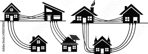 Connected residential houses with energy lines, modern smart home network, renewable power distribution, community infrastructure illustration, sustainable neighborhood concept design