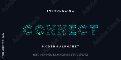Modern minimal alphabet font with tech connection. Abstract geometric uppercase letter technology typeface.