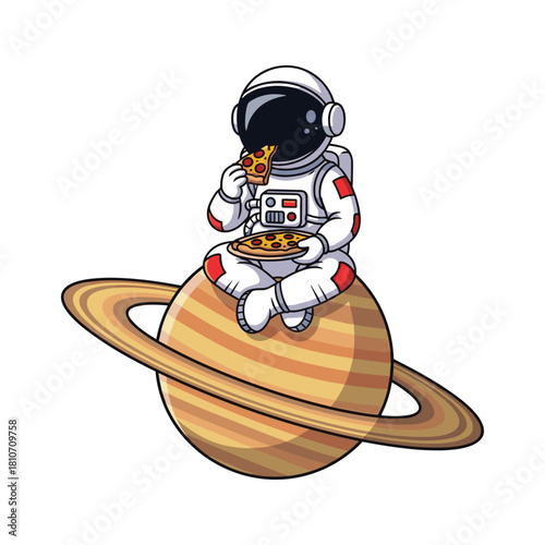 Cute cartoon astronaut sitting on planet saturn eating a slice of pizza in space, isolated on
