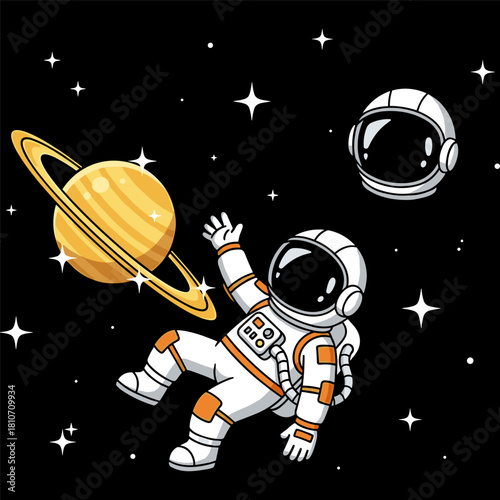 Astronaut floating in deep space near a ringed planet, waving hello with a detached helmet nearby, surrounded by many stars