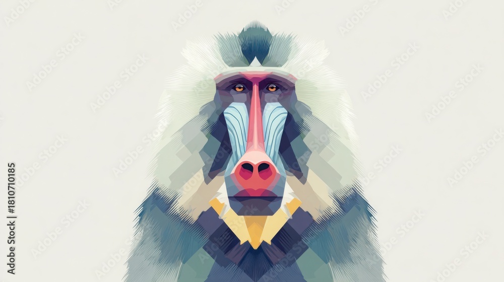 Fototapeta premium Minimal vector baboon, cute stylized face, soft color blocks, white background