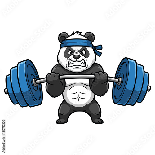 Angry cartoon panda bear lifting a heavy barbell with blue weight plates, showing strong muscle definition, isolated on