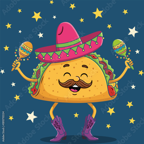Funny cartoon taco character wearing a sombrero and cowboy boots, dancing and playing maracas against a dark blue starry background for fiesta celebration