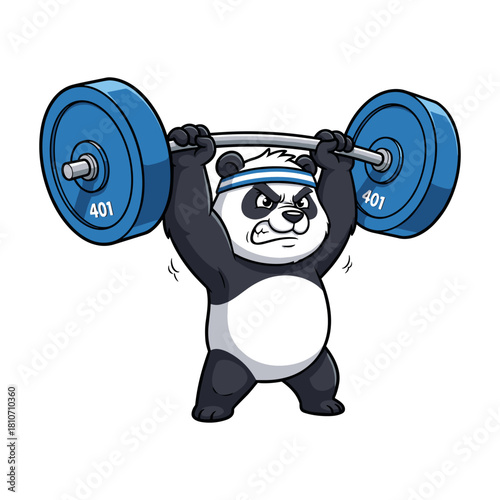 Angry cartoon panda bear lifting heavy barbell with weight plate during intense weightlifting exercise, isolated on