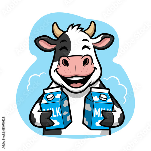 Happy cartoon cow mascot holding two cartons of milk happily, isolated on