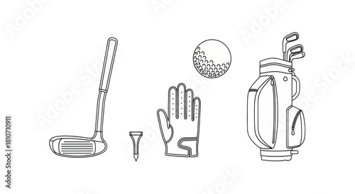 A complete set of professional golf accessories and essential equipment in a line art style