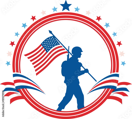 A soldier is holding a flag and walking in a circle, veterans dayand Waving American flag in a patriotic Veterans Day,