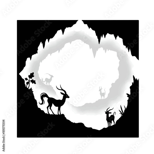 Deer silhouettes in mystical cave grotto landscape.
