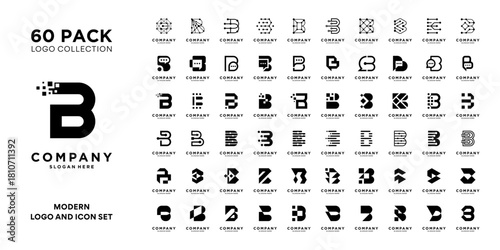 Mega logo collection with letter B. Abstract geometric initial B logo for business, technology and artificial intelligence.