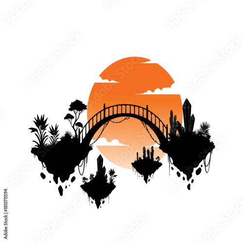 Surreal Floating Islands Connected by Bridge at Sunset.