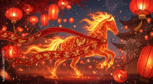 Fiery Celestial Horse Galloping Through Festive Lanterns Under a Starry Sky