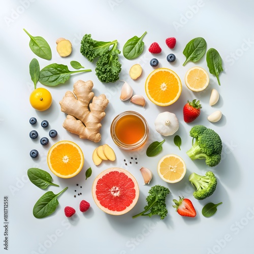 A vibrant flat lay of fresh fruits, vegetables, ginger, garlic, honey, and berries, symbolizing healthy living and natural remedies