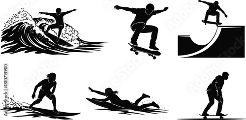 Dynamic silhouette illustration set of surfers and skateboarders performing extreme sports actions, showcasing energetic movement, outdoor adventure, and active lifestyle themes