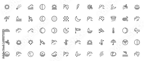 Weather icon set. Vector illustration. Includes symbls for sunny, moon, rainbo, wind, snow, storm, tempeature, umbrella and more. ditable stroke.