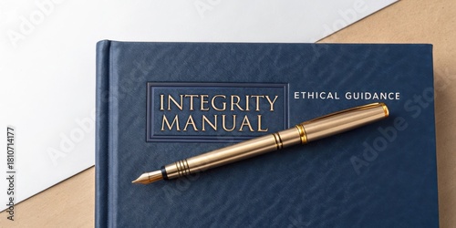 Elegant fountain pen resting on a blue integrity manual emphasizing ethical guidance and professional conduct in business