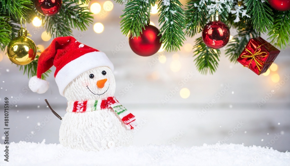 Fototapeta premium A festive winter scene featuring a smiling snowman wearing a red Santa hat and scarf, surrounded by Christmas tree branches, ornaments, and glowing holiday lights in soft falling snow. 
